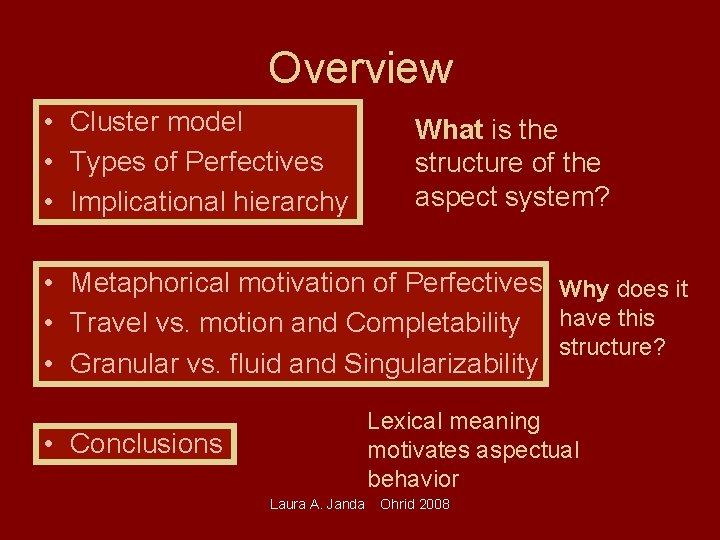 Overview • Cluster model • Types of Perfectives • Implicational hierarchy What is the