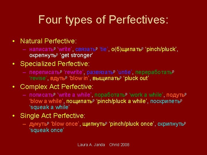 Four types of Perfectives: • Natural Perfective: – написатьp ‘write’, связатьp ‘tie’, о(б)щипатьp ‘pinch/pluck’,