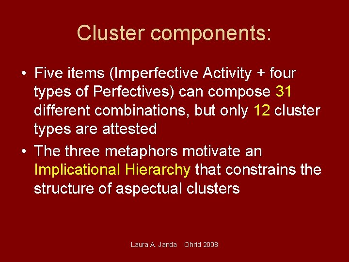 Cluster components: • Five items (Imperfective Activity + four types of Perfectives) can compose