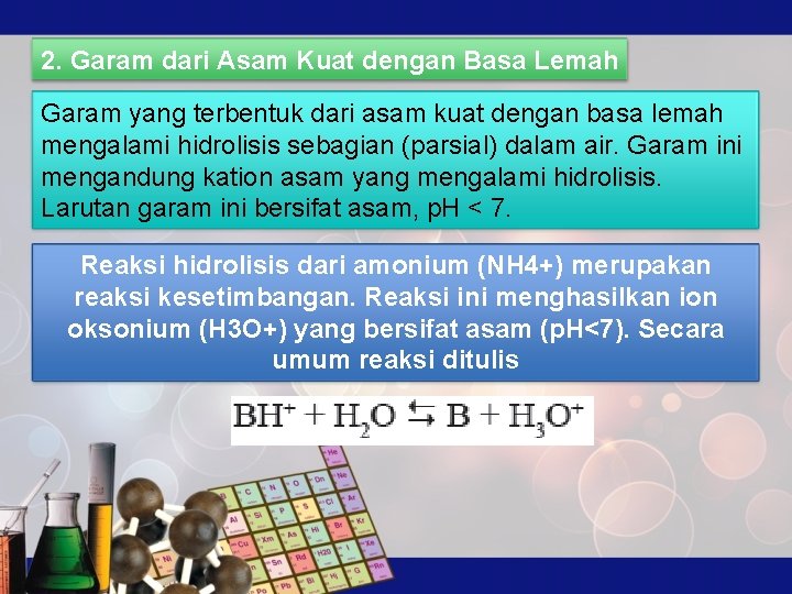 2. Garam dari Asam Kuat dengan Basa Lemah Garam yang terbentuk dari asam kuat