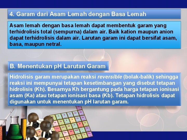 4. Garam dari Asam Lemah dengan Basa Lemah Asam lemah dengan basa lemah dapat