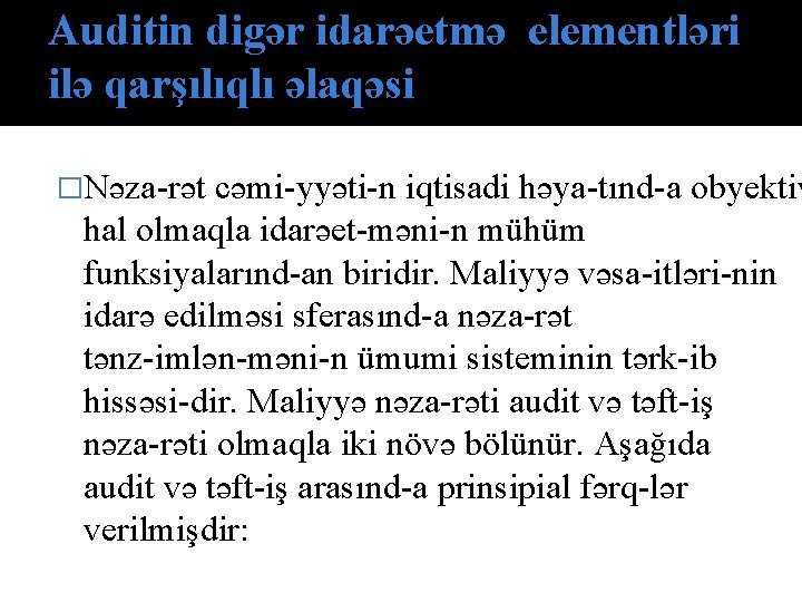 Auditin digər idarəetmə elementləri ilə qarşılıqlı əlaqəsi �Nəza rət cəmi yyəti n iqtisadi həya