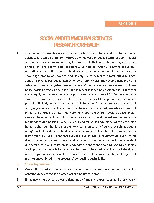 SECTION 9 SOCIALANDBEHAVIOURALSCIENCES RESEARCHFORHEALTH 1. The context of health research using methods from the