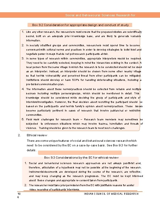 Social and Behavioural Sciences Research for Health Box 9. 2 Consideration for appropriate design