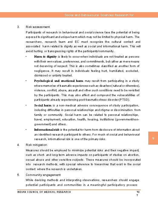 Social and Behavioural Sciences Research for Health 3. Risk assessment Participants of research in