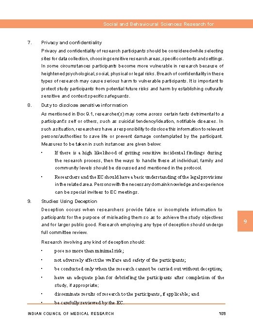 Social and Behavioural Sciences Research for Health 7. Privacy and confidentiality of research participants