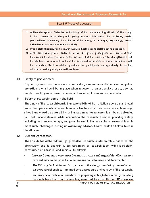 Social and Behavioural Sciences Research for Health Box 9. 5 Types of deception 1.