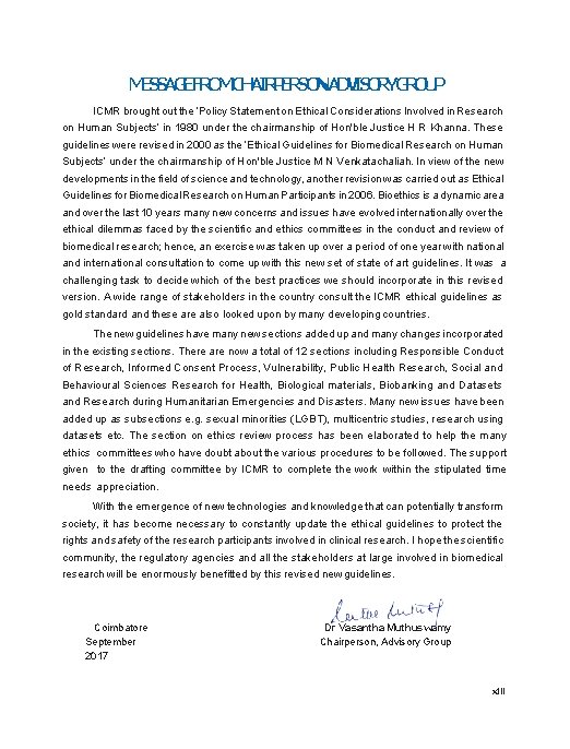 MESSAGEFROMCHAIRPERSONADVISORYGROUP ICMR brought out the ‘Policy Statement on Ethical Considerations Involved in Research on