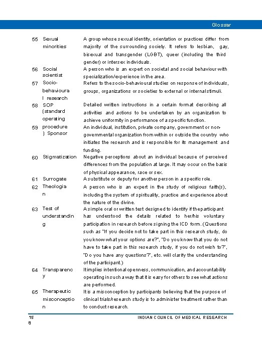 55 Sexual minorities 56 Social scientist 57 Sociobehavioura l research 58 SOP (standard operating