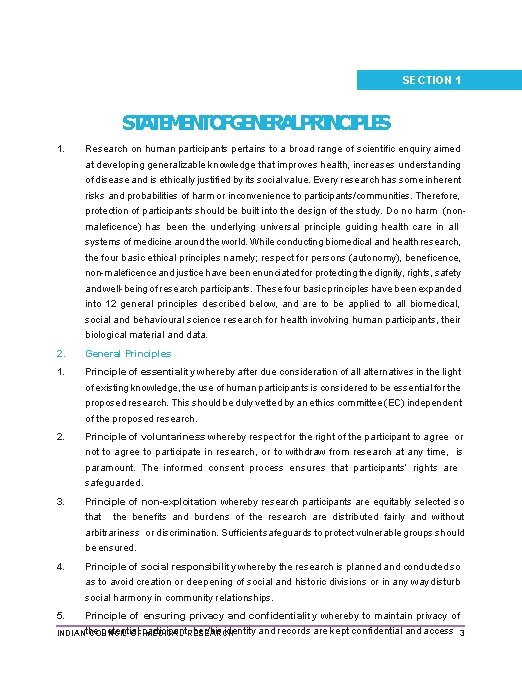 SECTION 1 STATEMENTOFGENERALPRINCIPLES 1. Research on human participants pertains to a broad range of