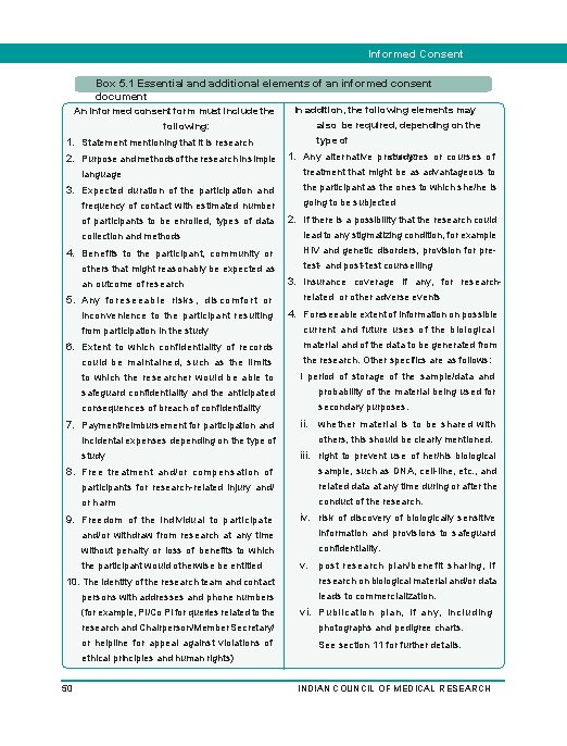 Informed Consent Process Box 5. 1 Essential and additional elements of an informed consent