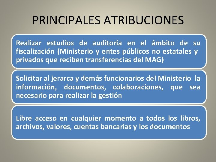 PRINCIPALES ATRIBUCIONES Realizar estudios de auditoría en el ámbito de su fiscalización (Ministerio y