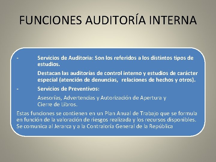 FUNCIONES AUDITORÍA INTERNA - Servicios de Auditoria: Son los referidos a los distintos tipos