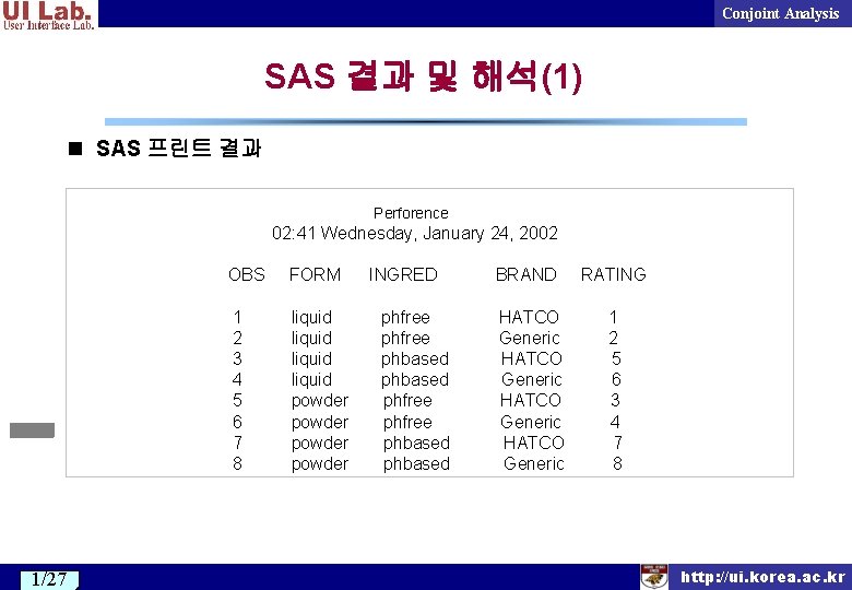 Conjoint Analysis SAS 결과 및 해석(1) n SAS 프린트 결과 Perforence 02: 41 Wednesday,