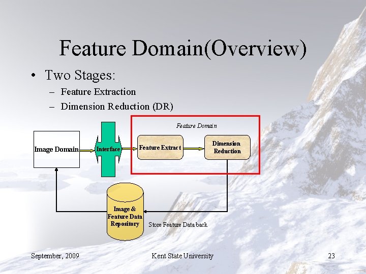 Feature Domain(Overview) • Two Stages: – Feature Extraction – Dimension Reduction (DR) Feature Domain