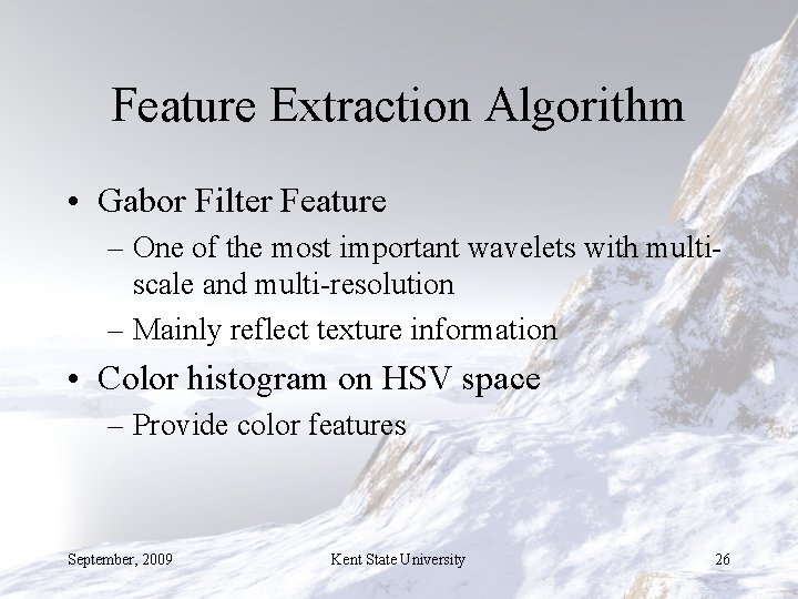 Feature Extraction Algorithm • Gabor Filter Feature – One of the most important wavelets