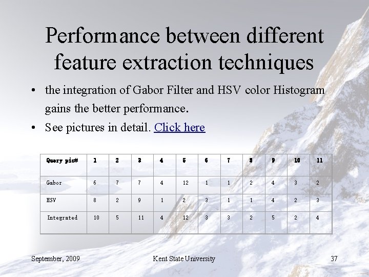 Performance between different feature extraction techniques • the integration of Gabor Filter and HSV