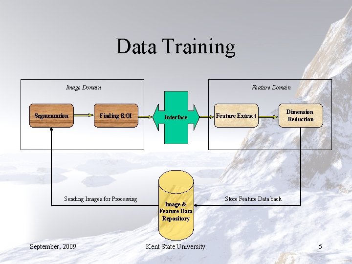 Data Training Image Domain Segmentation Finding ROI Sending Images for Processing September, 2009 Feature