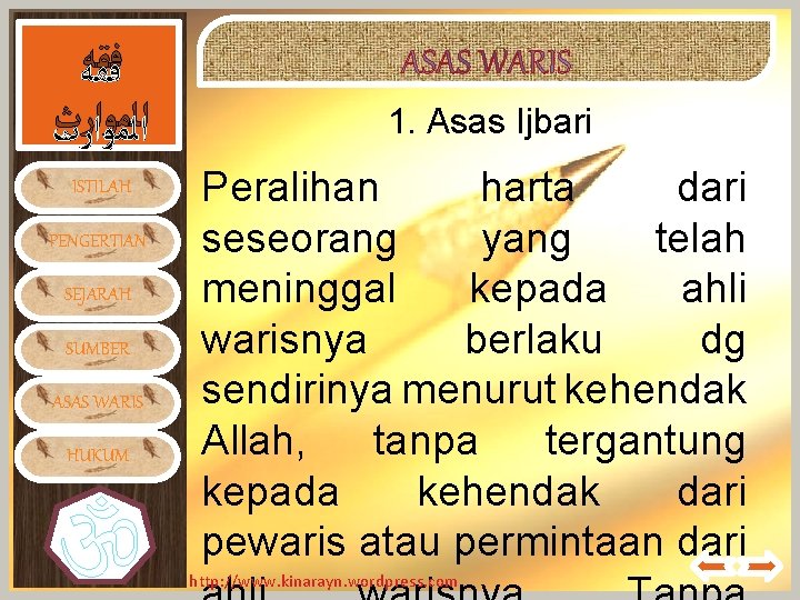  ﻓﻘﻪ ﺍﻟﻤﻮﺍﺭﺙ ISTILAH PENGERTIAN SEJARAH SUMBER ASAS WARIS HUKUM 1. Asas Ijbari Peralihan