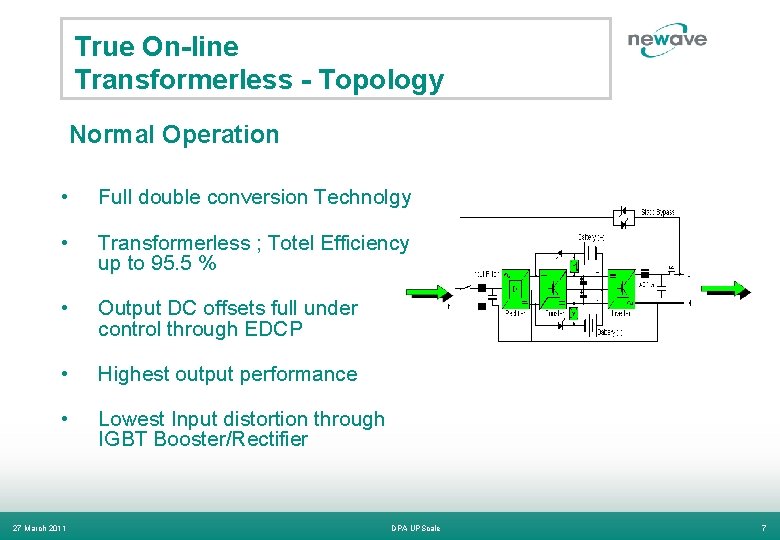 True On-line Transformerless - Topology Normal Operation • Full double conversion Technolgy • Transformerless