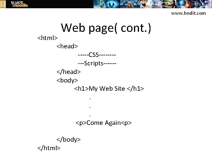 www. hndit. com Web page( cont. ) <html> <head> -----CSS-----Scripts-----</head> <body> <h 1>My Web