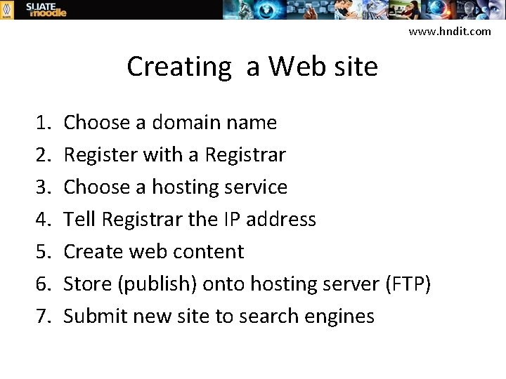 www. hndit. com Creating a Web site 1. 2. 3. 4. 5. 6. 7.