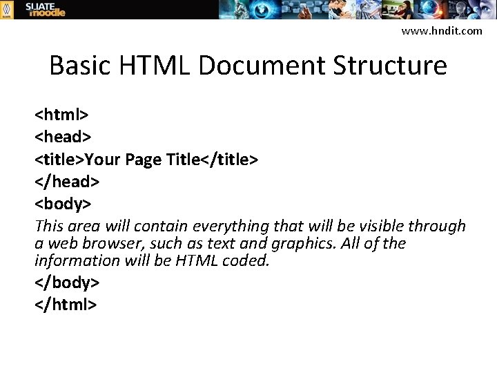 www. hndit. com Basic HTML Document Structure <html> <head> <title>Your Page Title</title> </head> <body>