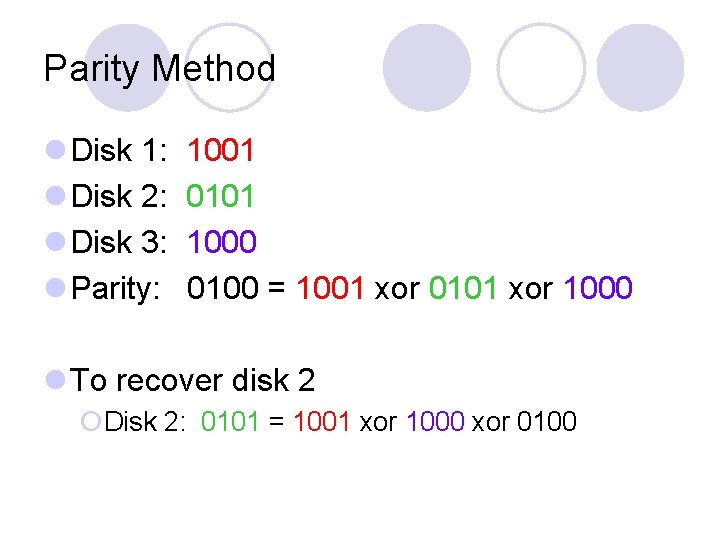 Parity Method l Disk 1: l Disk 2: l Disk 3: l Parity: 1001