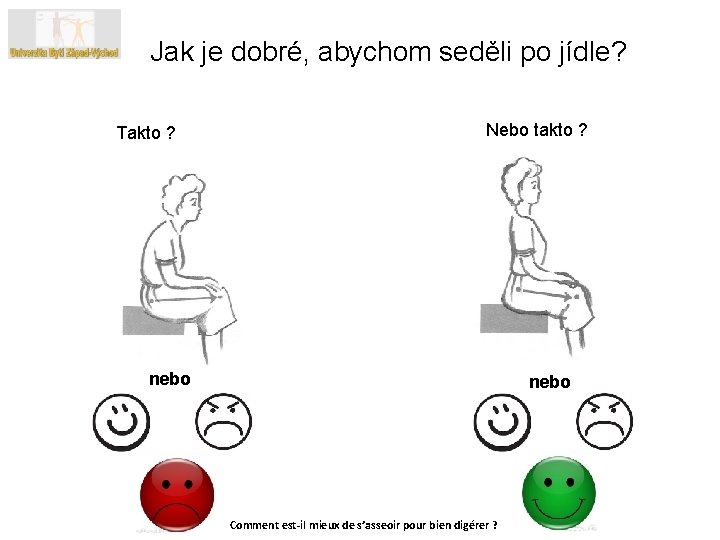 Jak je dobré, abychom seděli po jídle? Takto ? Nebo takto ? nebo Comment