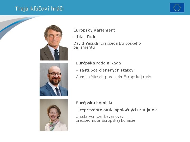 Traja kľúčoví hráči Európsky Parlament – hlas ľudu David Sassoli, predseda Európskeho parlamentu Európska