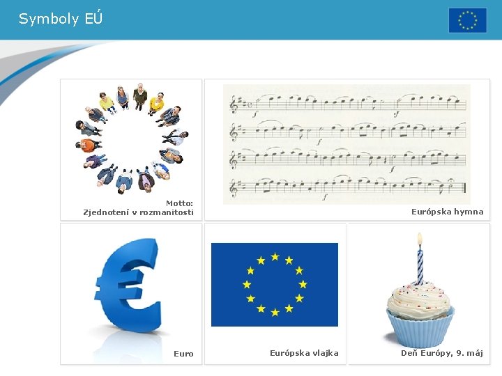 Symboly EÚ Motto: Zjednotení v rozmanitosti Euro Európska hymna Európska vlajka Deň Európy, 9.