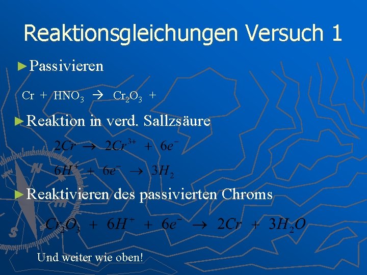 Reaktionsgleichungen Versuch 1 ► Passivieren Cr + HNO 3 Cr 2 O 3 +