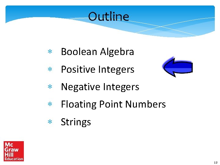 Outline Boolean Algebra Positive Integers Negative Integers Floating Point Numbers Strings 12 