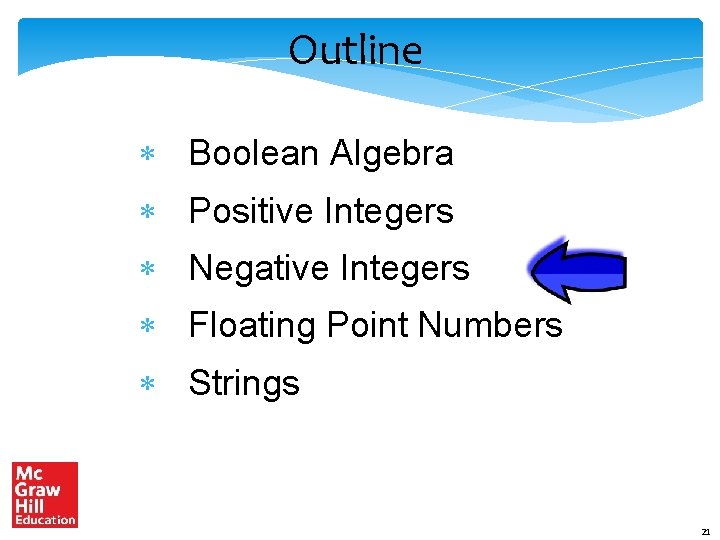 Outline Boolean Algebra Positive Integers Negative Integers Floating Point Numbers Strings 21 