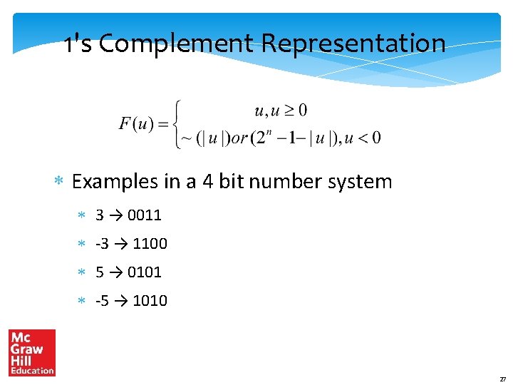 1's Complement Representation Examples in a 4 bit number system 3 → 0011 -3
