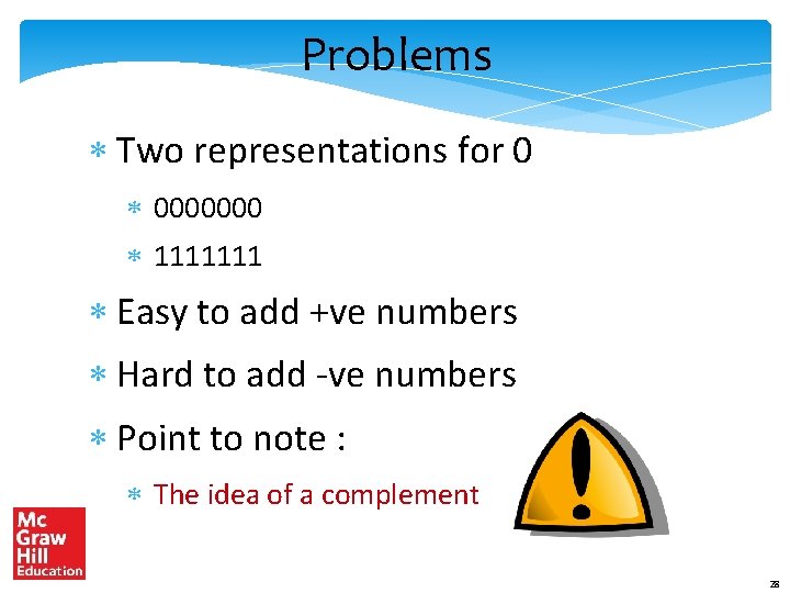 Problems Two representations for 0 0000000 1111111 Easy to add +ve numbers Hard to