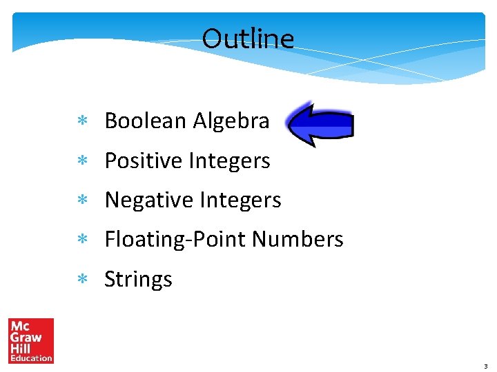 Outline Boolean Algebra Positive Integers Negative Integers Floating-Point Numbers Strings 3 