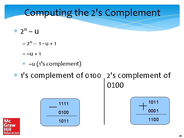 Computing the 2's Complement 2 n – u = 2 n – 1 -