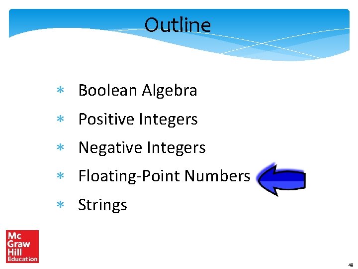 Outline Boolean Algebra Positive Integers Negative Integers Floating-Point Numbers Strings 48 