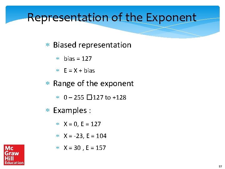 Representation of the Exponent Biased representation bias = 127 E = X + bias