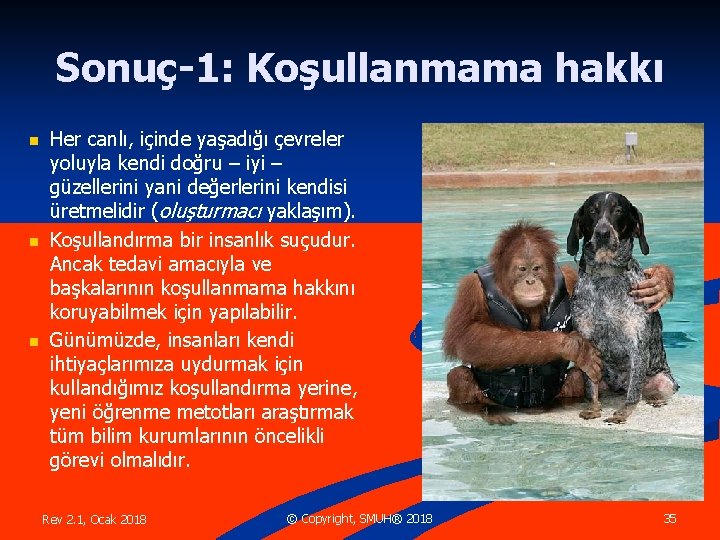 Sonuç-1: Koşullanmama hakkı n n n Her canlı, içinde yaşadığı çevreler yoluyla kendi doğru