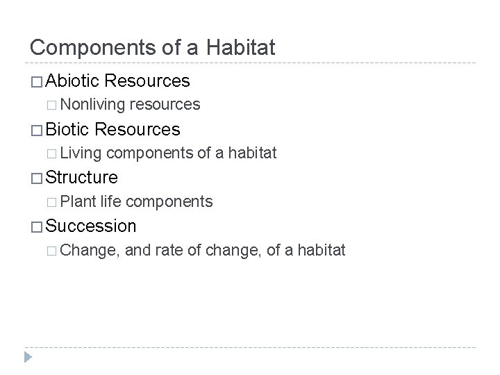 Components of a Habitat � Abiotic Resources � Nonliving � Biotic resources Resources �