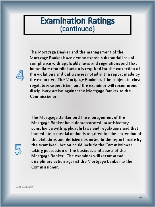 Examination Ratings (continued) The Mortgage Banker and the management of the Mortgage Banker have
