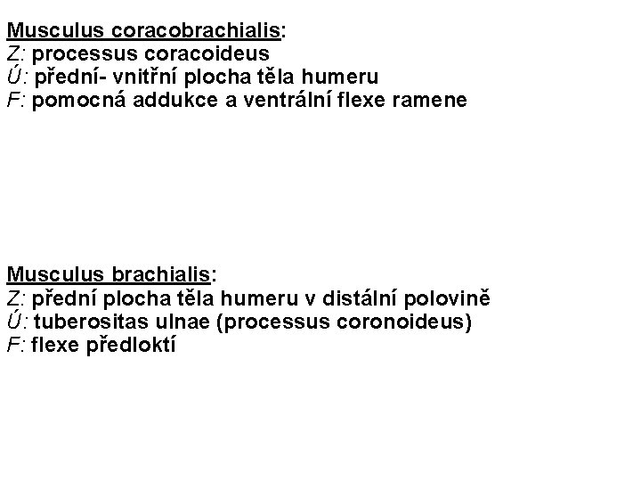 Musculus coracobrachialis: Z: processus coracoideus Ú: přední- vnitřní plocha těla humeru F: pomocná addukce