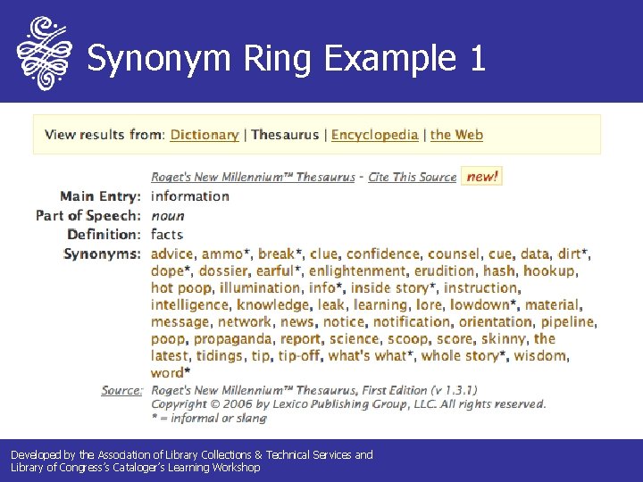 Synonym Ring Example 1 Developed by the Association of Library Collections & Technical Services