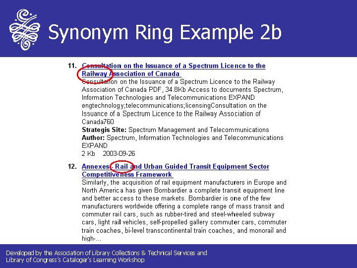 Synonym Ring Example 2 b Developed by the Association of Library Collections & Technical