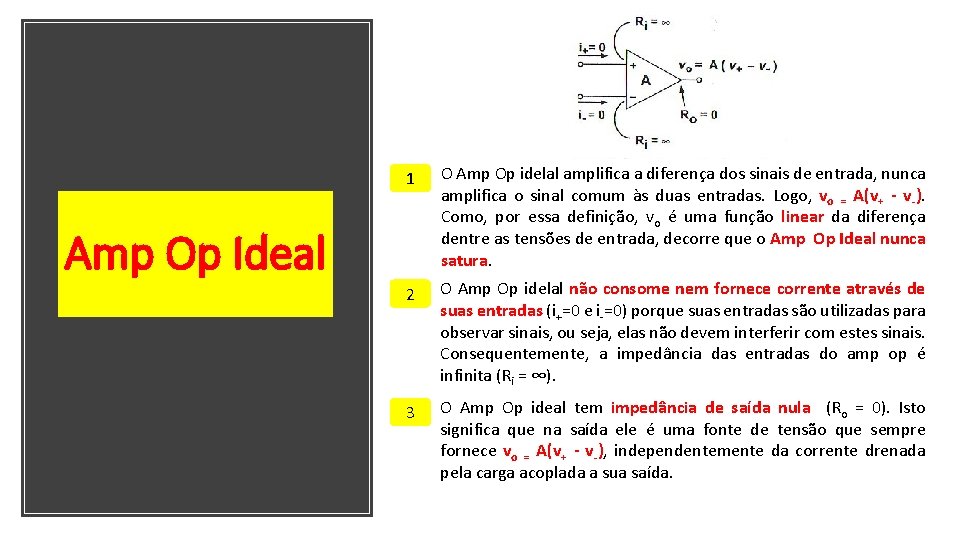 1 O Amp Op idelal amplifica a diferença dos sinais de entrada, nunca amplifica