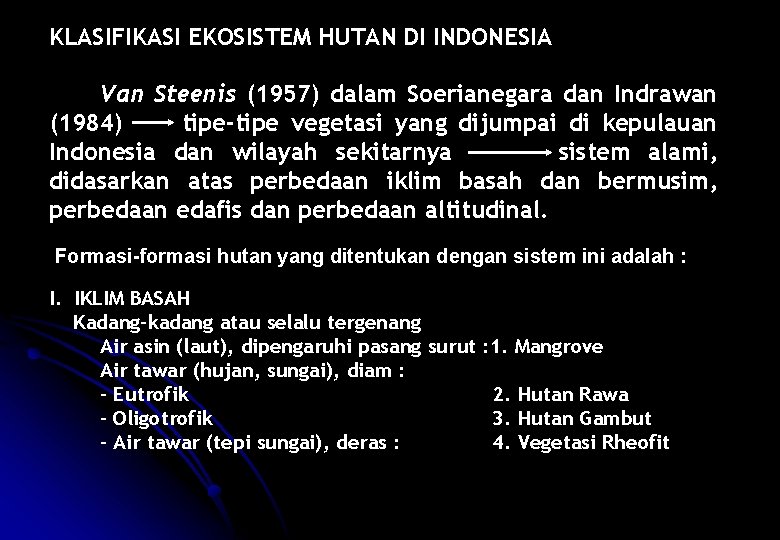KLASIFIKASI EKOSISTEM HUTAN DI INDONESIA Van Steenis (1957) dalam Soerianegara dan Indrawan (1984) tipe-tipe