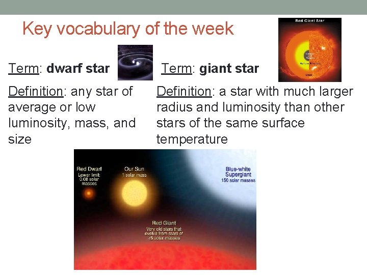 Key vocabulary of the week Term: dwarf star Definition: any star of average or