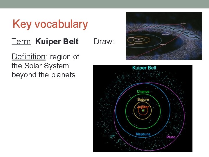 Key vocabulary Term: Kuiper Belt Definition: region of the Solar System beyond the planets